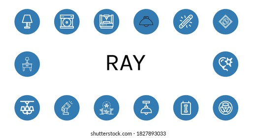 Juego de iconos de rayos. Tales como lámpara, disco compacto, láser, luz, brillo, rayos X, radiactividad, ráfaga , iconos de rayos