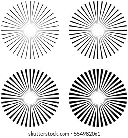 SET Rays, Beams Element. The Sun Rays, The Shape Of The Starburst On White. Radiant, Radial, Merging Lines. Abstract Circular Geometric Shape, Vector Template