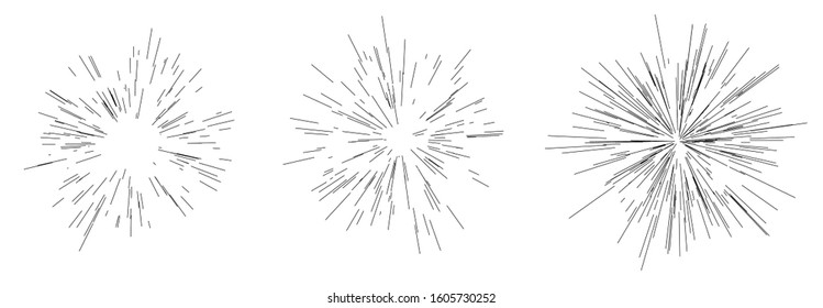 Set of Rays of fireworks. Black and white layout. Vector illustration. Dynamic style. Abstract explosion, speed motion lines from the middle. Vector illustration