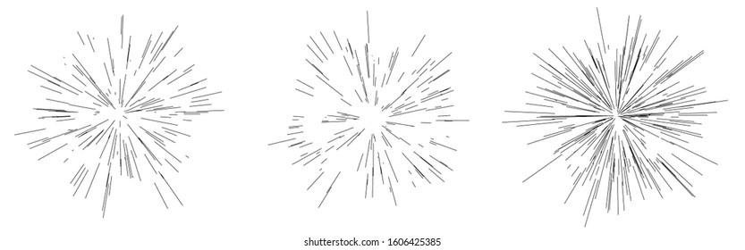 Set of Rays of fireworks. Black and white layout. Vector illustration. Dynamic style. Abstract explosion, speed motion lines from the middle. Vector illustration