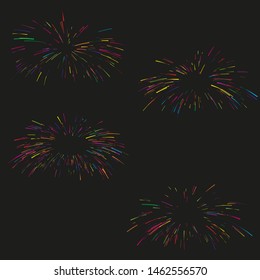 Set of Rays of fireworks. Colorful layout. Vector illustration. Dynamic style. Abstract explosion, speed motion lines from the middle. Vector illustration