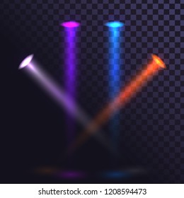 Set of rays of light from spotlights, lighting on a transparent background