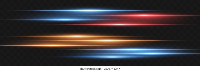 Set of rays. Neon lines, laser beam of light. Vector illustration. On a transparent background.
