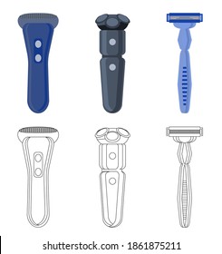 Set of razors drawn in cartoon and linear style . Electric and straight men's razors.  Shaving accessories isolated on a white background. Vector illustration in flat style. Collection of icons.