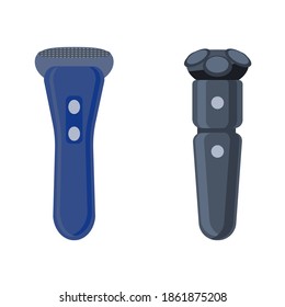 Set of razors drawn in cartoon style . Electric and straight men's razors.  Shaving accessories isolated on a white background. Vector illustration in flat style. Collection of icons.