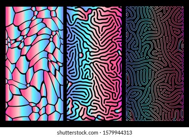 Set of reaction-diffusion holographic textures. Retrofuturistic vaporwave and retrowave style background.