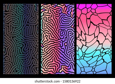 Set of reaction-diffusion holographic textures. Retrofuturistic vaporwave and retrowave style background.