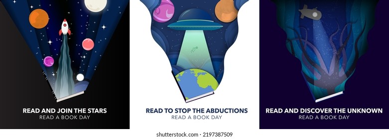 
Set of Read a Book Day Paper Craft Artworks with taglines and messages. UFO Abduction, rocket ship in space, submarine  underwater. Origami concept. Editable Vector Art. EPS 10.