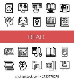 Set of read icons. Such as Book, Learning, Reading, Ebook, Braille, Design book, Knowledge, Books, Brochure, Manual book, Guide , read icons