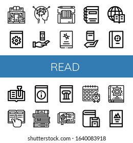 Set of read icons. Such as Bookstore, Manual, Learning, Knowledge, Ebook, Book, Encyclopedia, Reading, Books, History book, Guide, Booking, Manual book , read icons