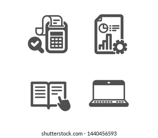 Set of Read instruction, Bill accounting and Report icons. Notebook sign. Opened book, Audit report, Presentation document. Laptop computer.  Classic design read instruction icon. Flat design. Vector