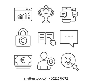 Set of Read instruction, Blog and Smartphone sms icons. Web traffic, Security and Victory signs. Euro currency, Ð¡opyright locker and Energy symbols. Opened book, Chat message, Mobile messages