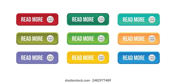 Set of read more button with book icon isolated on white background. listen now with colorful gradient for for UI UX website, mobile app, music app, play button, media, blog, website, article