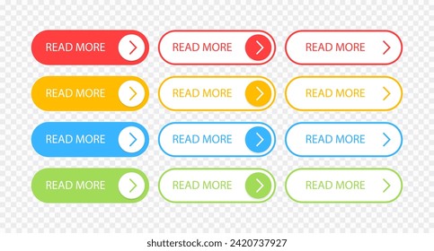 Set of read more buttons. Read more button for website design. Call to action buttons. Modern colorful buttons collection. Web icons. Vector illustration.