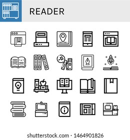 Set of reader icons such as Book, Ebook, Scanner, Open book, Books, Design book , reader