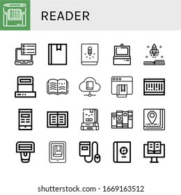 Set of reader icons. Such as Ebook, Book, Scanner, Open book, Barcode, Books, Barcode scanner , reader icons