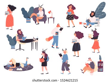 Set of readers, book lovers, modern literature fans isolated. Flat cartoon vector illustration  on white background. Collection of people reading or students studying and preparing for examination.