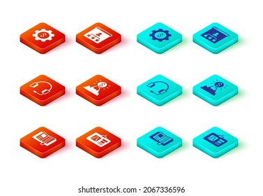 Juego de libro de lectura, insignia de identificación, audífonos, montañas con bandera, educación en línea e icono del dólar de engranaje. Vector