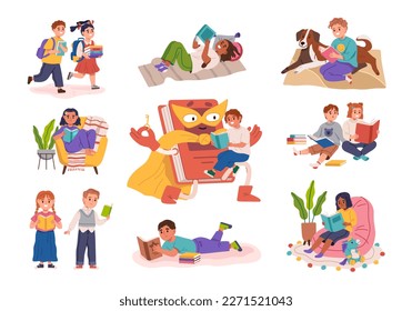 Set of reading children or studying kids. Collection of boys and girls with books, readers, young literature fans. Child with book. Smart children learning from textbooks in library or home. Read book