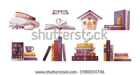 Set  of reading elements for bookstore, bookshop, library, book lover, bibliophile, education. Isolated vector illustration.