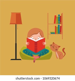 Set of reading girl, lamp,cat and books. Vector illustration.