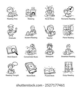 Set of Reading Hobby Doodle Style Icons 

