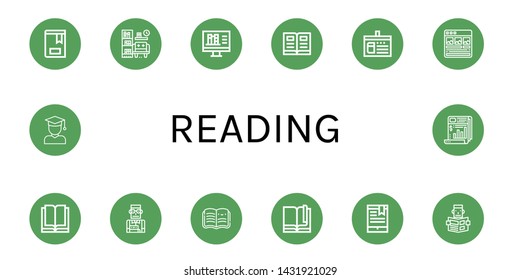 Set of reading icons such as Book, Library, Online library, Open book, Library card, Article, Reading, Student, Bookmark, Newspaper , reading