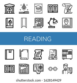 Set of reading icons. Such as Library, Book, Bookmark, College, Newspaper, Open book, Desk lamp, Paper, Literature, Reading, Books, Glasses, Student , reading icons