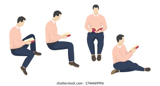 Set of reading man in modern flat style vector, simple education people concept on white background for your design work, presentation, website or others.