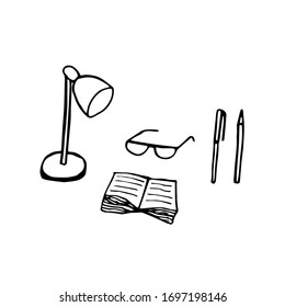 Set of reading, open book, glasses, lamp, pen and pencil, vector illustration, hand drawing