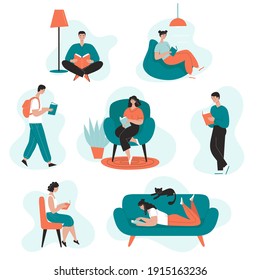 A set of reading people in different settings. Love for reading and books. Men and woman with books. Home schooling, library. Vector illustration in flat style