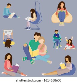 set of reading people. Set of flat people reading books. Set of studying people. concept flat vector illustration