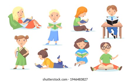 Set of reading or studying children at school, home. Cartoon flat vector illustration. Young, clever readers learning literature isolated on white background. School, hobby, reading, leisure concept
