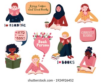 Set of reading young women.  Bundle of female student prepare to exam. Multinational people are book lovers. Distance learning and self education concept. Stickers of Girls Readers with books.