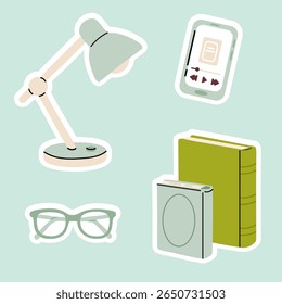 Set of reading-related objects: lamp, books, glasses, e-reader. Vector illustration for library, education, or bookworm projects.