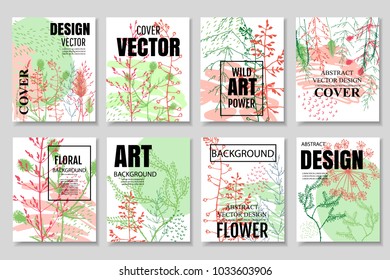 Set of ready floral cards template with wild forest flowers and abstract elements. Universal design for posters, placards, web, cover, header, invitation, wedding, birthday party. Vector illustration.