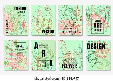 Set of ready floral cards template with wild forest flowers and abstract elements. Universal design for posters, placards, web, cover, header, invitation, wedding, birthday party. Vector illustration.