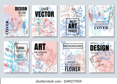 Set of ready floral cards template with wild forest flowers and abstract elements. Universal design for posters, placards, web, cover, header, invitation, wedding, birthday party. Vector illustration.