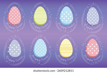 Set of ready made Happy Easter compositions with Easter eggs, Happy Easter inscription and white magical elements. Handdrawn, Vector (EPS), isolated illustrations, printable