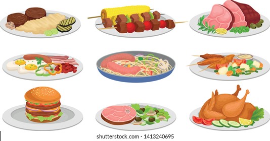 Set of ready meals for lunch. Vector illustration on white background.