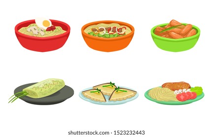 Set of ready meals on plates. Vector illustration.