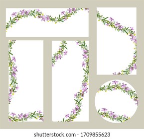 Set of ready-made cards, invitations, vector banners with floral pattern. Flowering field plants and herbs, summer flowers are drawn by hands isolated on white background. Stylish botanical design.