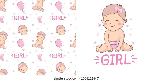 Un conjunto de diseños listos para los recién nacidos. Este es un chico. Es una chica. Ilustración vectorial. Conjunto de postales y fondos.