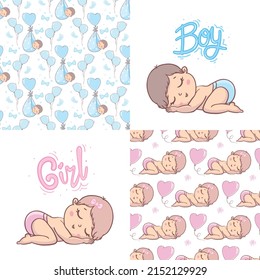 A set of ready-made designs for newborns. This is a boy. It's a girl. Vector illustration. Set of postcards and backgrounds.