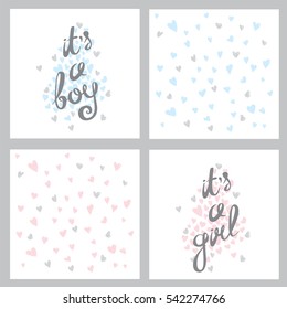 A set of ready-made designs for newborns. This is a boy. It's a girl. Vector illustration. Set of postcards and backgrounds.