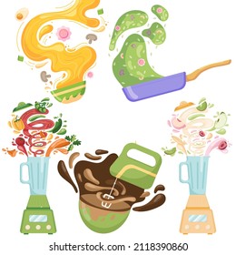 A set of ready-made food for the menu of cafes and restaurants, chocolate in a bowl with a mixer, a blender with smoothies and juice, noodle soup and risotto in a flat style. Vector illustration