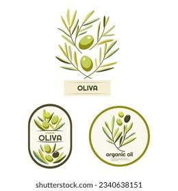 conjunto de logotipos preparados para aceite de oliva o productos que contengan aceite de oliva en tonos verde y marrón natural. 