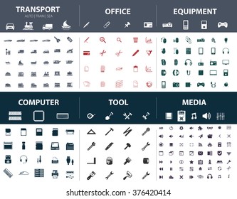 Set Of Ready-made Simple Vector Icons On Various Topics: Transport, Office, Equipment, Computer, Tool, Media