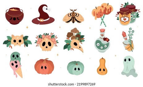 A set of ready-made stickers for Halloween, a set of elements for the day of Halloween, colorful vector illustrations for Halloween, a set of scary silhouettes