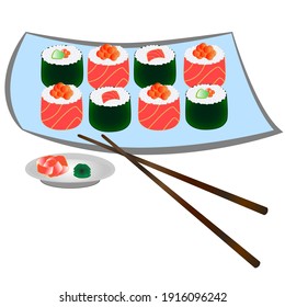 Conjunto de sushis y rollos hechos a medida aislados sobre fondo blanco. Un plato japonés tradicional.